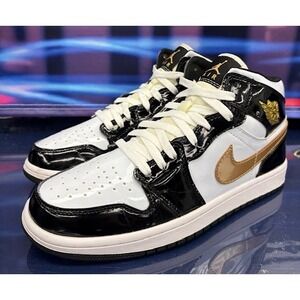 Jordan 1 Mid Patent Black White Gold (2021) 852542-007 Mens sneakers size 9.5